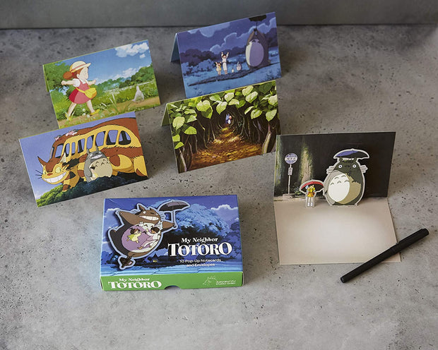 Example of 5 different post card designs in the box set, all featuring artwork from My Neighbor Totoro on the exterior and interior. Interior of each card contains a pop up element.