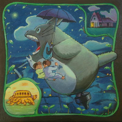 Painting of Totoro, flying in a side view with his mouth open and holding an umbrella within a night time scene. Two little brunette children in pajamas cling to his stomach fur. Illustration is framed in a green vine, with a small illustration of a house in the upper right and a small illustration of a running Catbus in the bottom left.