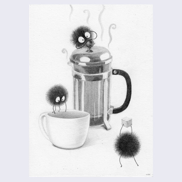 Pencil illustration of a coffee press and white mug, being interacted with by 3 Soot Sprites, one on the press, one on the mug, and one holding up a sugar cube. All white background.