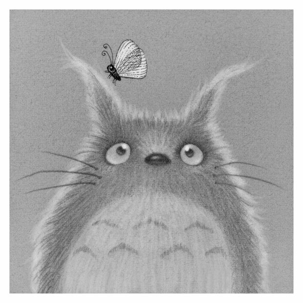 Soft textured graphite drawing of a slightly Chibi version of Totoro, looking up curiously at a butterfly on his ear, which is drawn in a more stark black line graphic style.