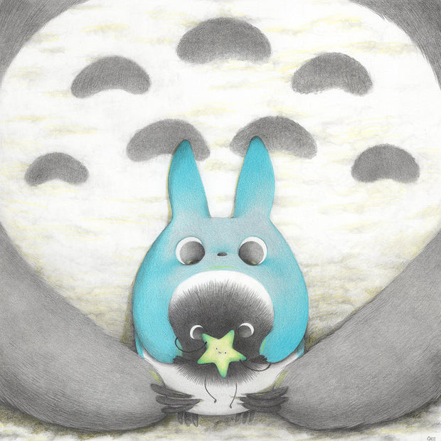 Finely shaded color pencil illustration of Totoro's chest, holding a smaller blue Totoro. Smaller blue Totoro holds a soot sprite with a green smiling star in its hands.