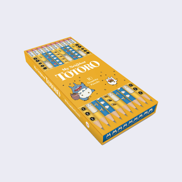 Package of 10 graphite pencils, in a flat yellow packaging with illustrations from My Neighbor Totoro on it with various characters in a color scheme of blue and yellow.