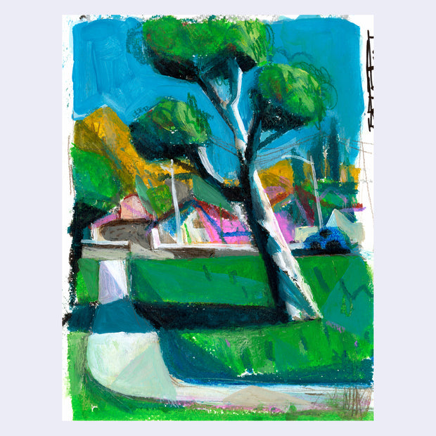 Colorful landscape drawing with pastels, of a sideways leaning tree on a green lawn with houses in the background.