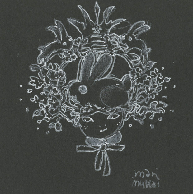 White color pencil drawing on black paper of a girls head, with many flowers and leaves atop of her head and several large bunnies.
