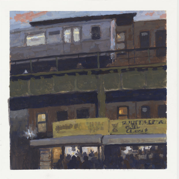 Plein air painting of a train riding on a rail suspended above the street, with a busy store under the rail.