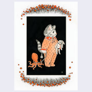 Pen illustration with many orange color accents of a kitten, standing up on its hind legs like a human and wearing orange one piece pajamas. It holds a plush rabbit in one hand and holds a tasseled rope leash attached to an orange octopus plush with the other hand. The cat and plushies are blocked into a black rectangle and around the top and bottom of the rectangle are bursts of orange stars.