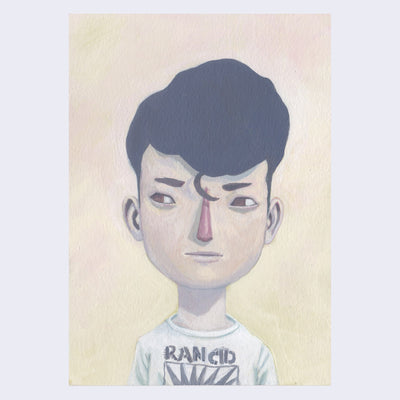 Painting of a person with triangle nose and pompadour style hair, looking skeptically off to the side, wearing a white t-shirt that reads "Rancid". Background is light yellow.