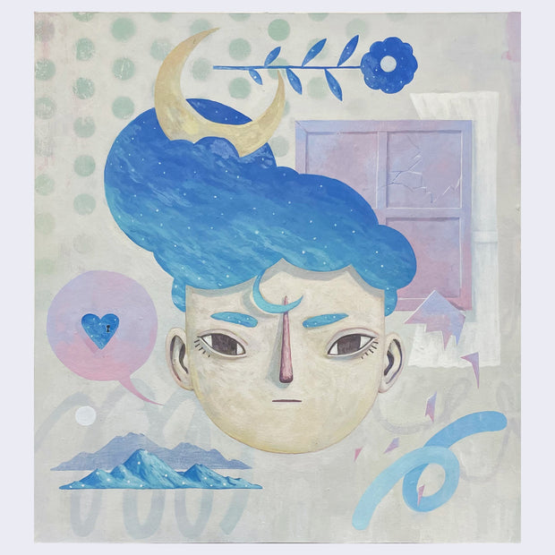Collage style painting with a person with star patterned blue pompadour hair and solemn look. Around are flowers, squiggles, moons and mountains as doodles. A speech bubble with a heart emote comes from his mouth. Behind is a paned window with a pink sky showing through.