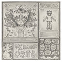 Graphite drawing of a 4 sectioned video game themed drawing, one showing the character, their health bar, the game directionals, their dialog box and bag with various goods.