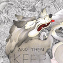 Close up detail of finely detailed pencil illustration of a wolf curled into itself. "Rest... and then keep going" is written on the piece. Background is a pattern of finely detailed flowers.