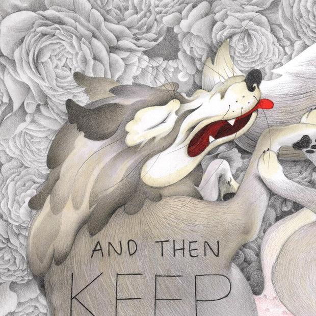 Close up detail of finely detailed pencil illustration of a wolf curled into itself. "Rest... and then keep going" is written on the piece. Background is a pattern of finely detailed flowers.