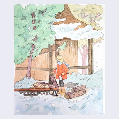 Ink and watercolor drawing of a blonde girl outside of a Japanese style house in the wintertime. She chops wood and builds a pile with her logs.