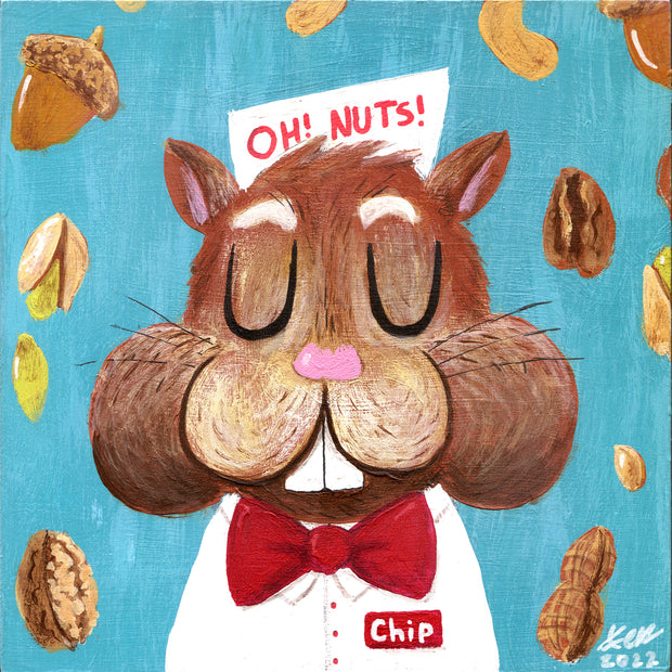 Illustration of a cartoon squirrel, closed eyes and smiling and wearing an old school diner uniform, with a white paper hat that reads "Oh! Nuts." Behind is a teal background with various nuts falling all around.