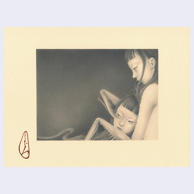 Soft graphite drawing of two woman, one woman has mantis hands and is holding the other in their lap, with her mantis claw touching the other woman's eye.