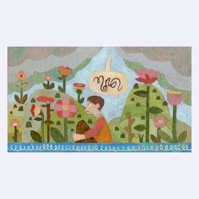 Collage style painting of a person sitting on the ground in profile view, with tall hills and flowers in the background. A speech bubble comes out from the sky, with a scribble spoken.