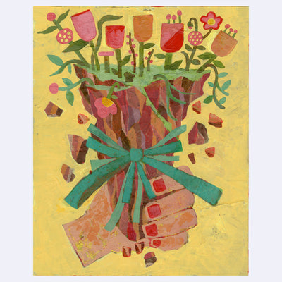 Collage style painting of a hand holding a small chunk of land, wrapped in a bow and tapered in at the bottom like a bouquet. Atop the ground is grass and various flowers.
