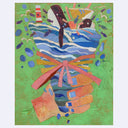 Collage style painting of a hand holding a tornado shaped body of water, wrapped in a bow like a bouquet. Coming out the top are whales, fish, and a lighthouse.