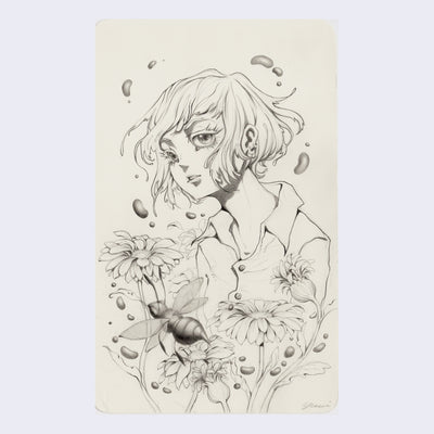 Graphite drawing of a woman's torso with large anime style eyes, wearing a button up shirt. In front of her are various daisies and a large bee flying.