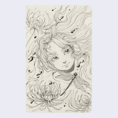 Graphite drawing of a woman's face, with her hair floating around her in long strands. Around her are chrysanthemums and a large dragonfly.