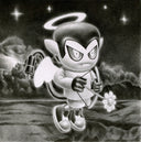 Very finely shaded illustration of an angry devil child like cartoon character, with a halo and wings but angry eyes and sharp teeth. It holds a small bow and arrow with a flower as the tip. Background is a detailed cloudy mountain landscape.