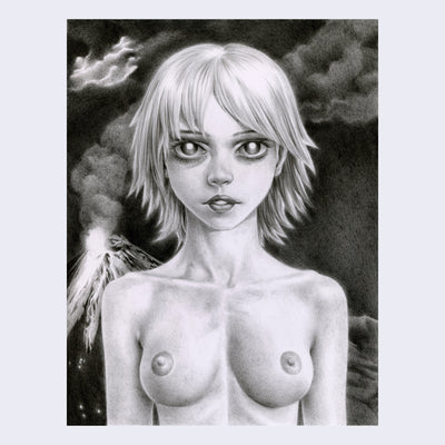Finely rendered graphite illustration of a blonde woman, topless with large anime style eyes and slightly parted lips. Behind her is a smoking volcano and dark clouded sky.