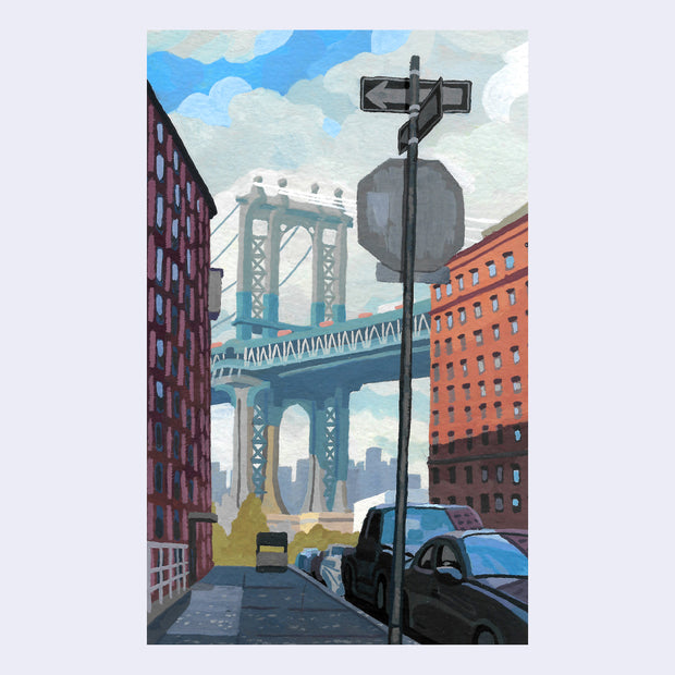 Plein air painting of a city street and a view of a large bridge in the background. A stop sign and street signs are in the foreground.