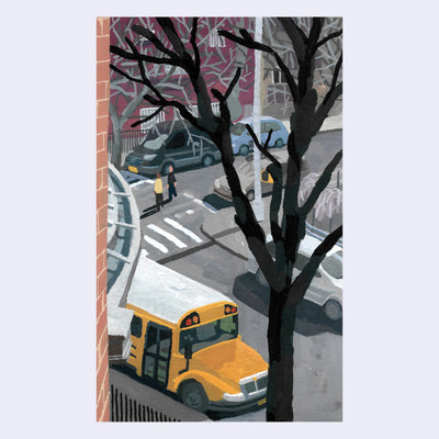 Plein air painting of a street view from a window, looking down at crosswalk intersections with a school bus parked.