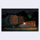 Plein air painting of a short building illuminated from the inside at night. A couple tall fluffy trees stand in front, slightly blocking the building.