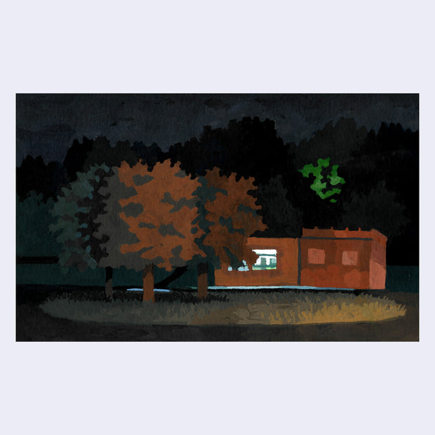 Plein air painting of a short building illuminated from the inside at night. A couple tall fluffy trees stand in front, slightly blocking the building.