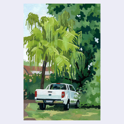 Plein air painting of a white truck parked on grass in front of a large lush palm tree and much greenery.