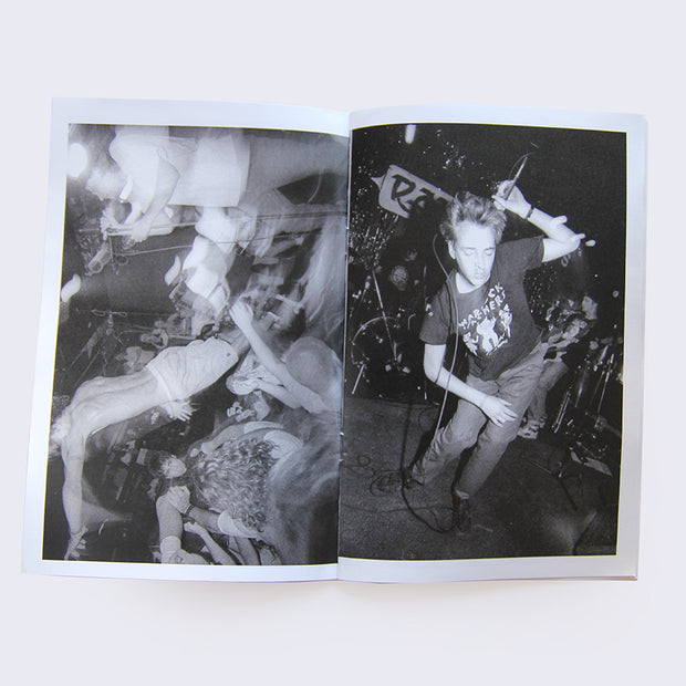 Open 2 page zine spread featuring black and white photography of scenes from punk rock style concerts, with close proximity to the performer or the crowd.