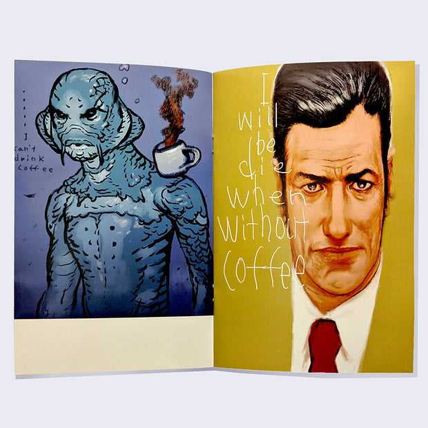 Open two page zine spread with full color illustrations. Left is of a sea monster with a cup of coffee on its shoulder, dispersing away into the water around. Right page has illustration of business man with slicked hair and red tie.