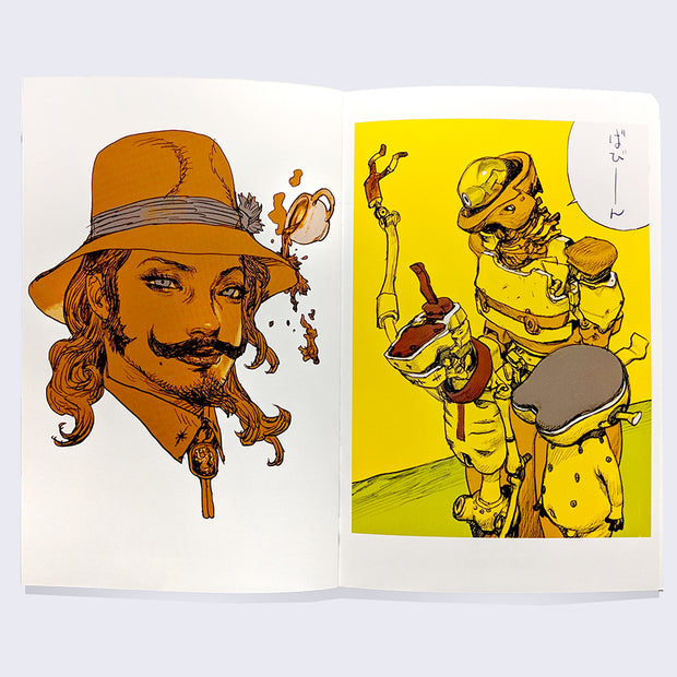 Open two page zine spread of two colored illustrations. Left is of a pretty person with a mustache and fedora, coffee spilling onto the side of the hat. Right is a series of deconstructed robots.