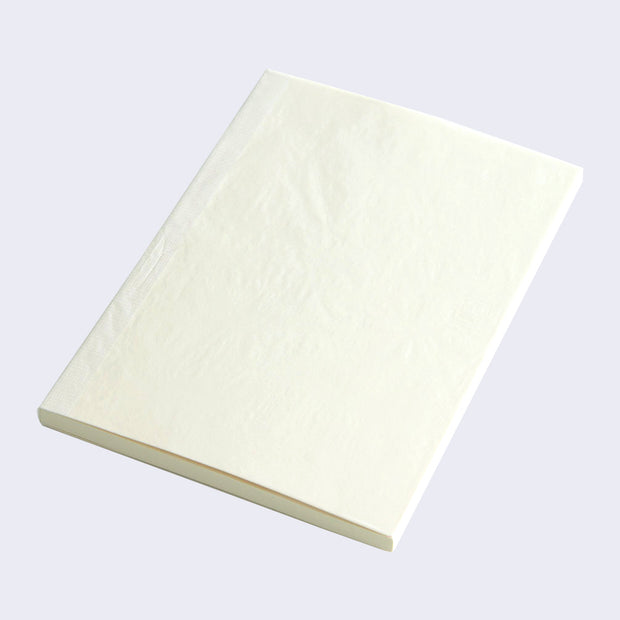 Closed cream colored bound notebook laying at a slight angle.