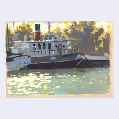 Plein air painting of a house boat docked, with bright yellow light coming behind from the sun and greenish water reflecting the light.