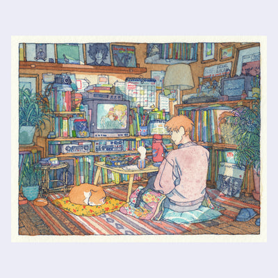 Finely detailed ink and watercolor drawing of a person sitting on a floor cushion, with a meal spread out on a low tray table in front of them. They watch a movie in a room filled with lots of records, movies, plants and other objects. A cat lays near them and another rests in the person's lap. Afternoon light pours into the room.