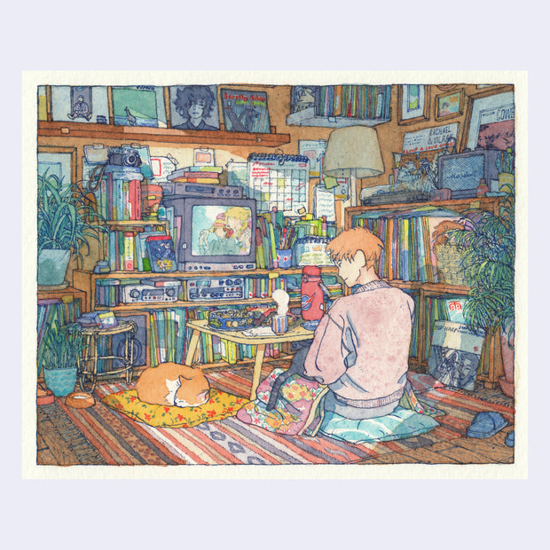 Finely detailed ink and watercolor drawing of a person sitting on a floor cushion, with a meal spread out on a low tray table in front of them. They watch a movie in a room filled with lots of records, movies, plants and other objects. A cat lays near them and another rests in the person's lap. Afternoon light pours into the room.