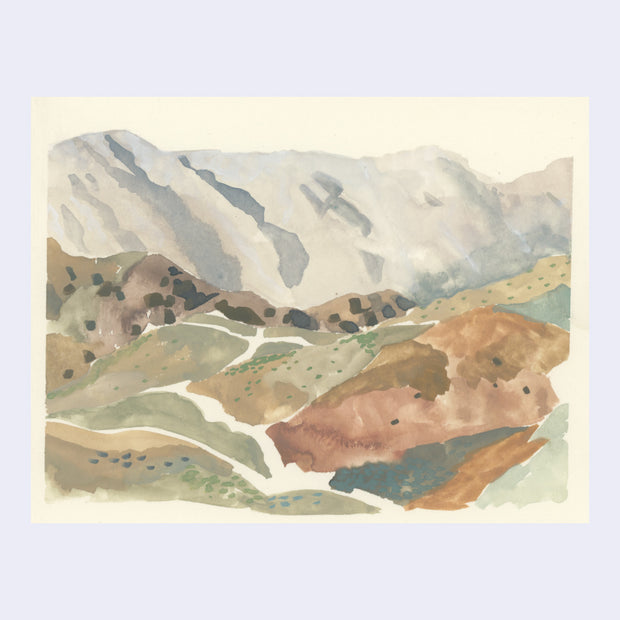 Watercolor painting of various neutral colored hills and canyons.