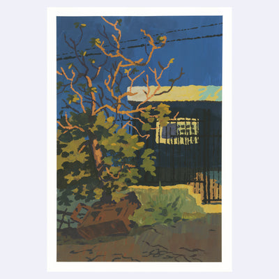 Plein air painting of a night scene with artificial street lighting. A bare tree with twisted branches in front of a blue house with a black iron gate.