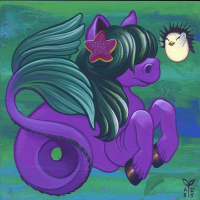 Painting on deep green and blue background of a purple pony, with a green mane that covers its eyes and a mermaid tail. A starfish adorns their hair and a smiling pufferfish with a bird bead is nearby.