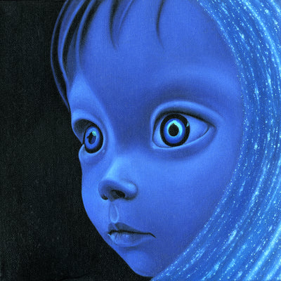 Painting of a close up child's face, all blue with bright blue glowing eyes and a wave wrapping around the side of its face like a head scarf. Background is black.