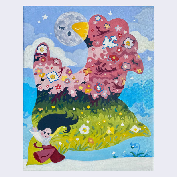 Colorful painting of a small girl in the bottom left corner, throwing off her cape, which has a forest spring setting within it, with bright green grass and pink trees, with many flowers. A full moon is above the scene, outside of the cape.