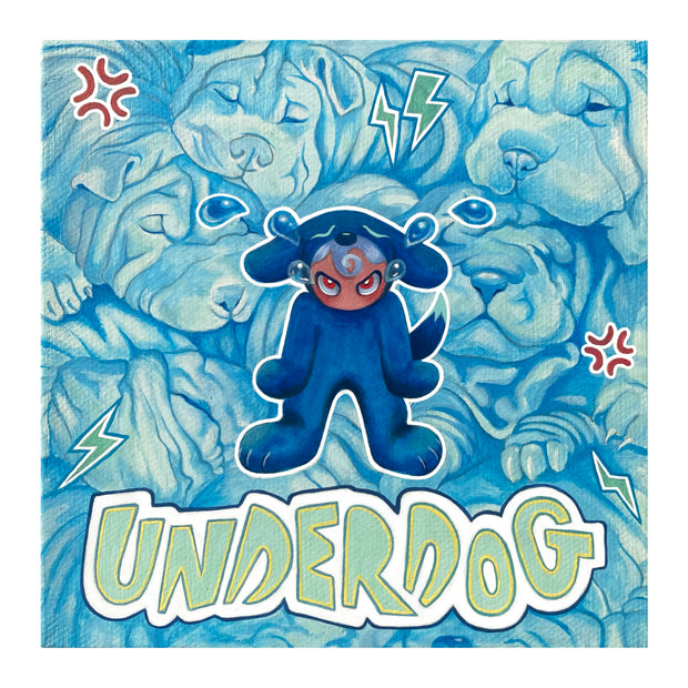 Painting with cool blues of a character in a full body blue dog costume, with just their face and some hair left uncovered.  Large cartoon tears spill out of their angry eyes. "Underdog" is written under them, the background is made out of several Shar Pei puppies.