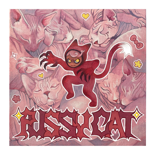 Painting of a small tan childlike creature in a red cat suit, with very sharp claws, looking fierce. Below them says "Pussy Cat" written in very sharp, pointed stylized red font with a clean white outline. The background of the painting consists of many sleeping hairless cats, snuggled up atop one another.