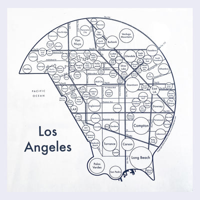 Dark blue silkscreen print on white paper depicting the city of Los Angeles abstractly as circles and lines. Neighborhood names are inside of circles, aligned in relation to their real location, and connected by street names and freeways. "Los Angeles" is written largely in the lower left corner. 