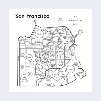 Black letterpress on white paper of San Francisco, depicted abstractly as various circles, lines and abstract shapes. Neighborhood names are inside of circles, aligned in relation to their real location, and connected by street names. "San Francisco" is written largely in the upper right corner.