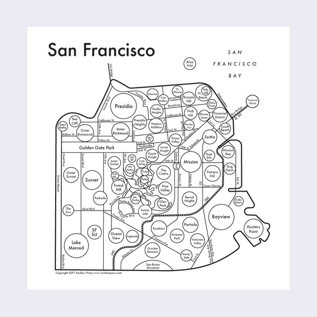 Black letterpress on white paper of San Francisco, depicted abstractly as various circles, lines and abstract shapes. Neighborhood names are inside of circles, aligned in relation to their real location, and connected by street names. "San Francisco" is written largely in the upper right corner.