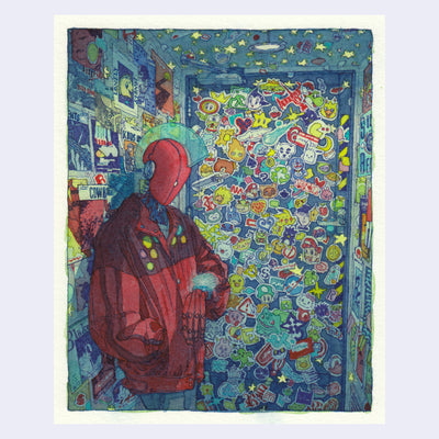 Finely detailed watercolor and ink drawing of a mech person in a red jacket standing backstage in a dimly lit corridor of a concert venue. They wait behind a door heavily stickered with stickers of characters from Final Fantasy, Animal Crossing, Sanrio, Pokemon, Nintendo games, and more. 