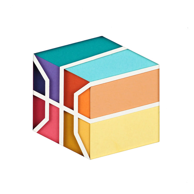 Flat sculpture made out of multiple layers of colorful cut paper, displaying a square basketball.