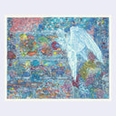 Finely detailed ink and watercolor illustration of a mystical tropical fish shop setting, which looks to be underwater itself. Coral and other sea life sprouts from the floor and around the tanks. An all white person with large angel wings looks into one of the tropical fish tanks. 